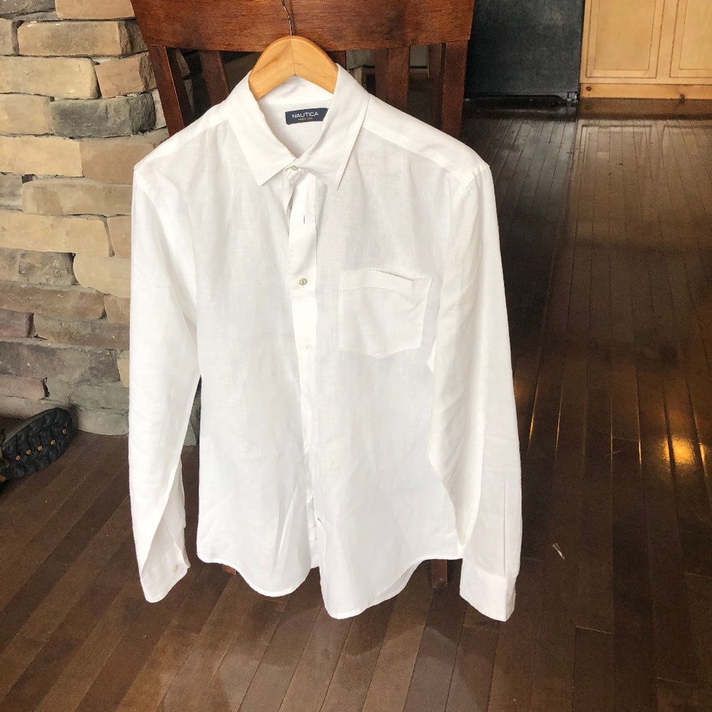 Nautica Bright White Linen Dress Shirt